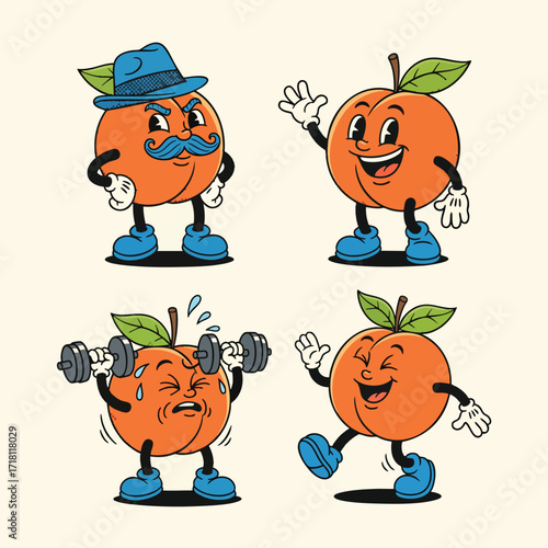 A collection of retro cartoon peach characters with different expressions and activities.