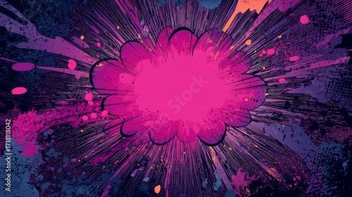 A vibrant pink explosion radiates dynamic energy with splattering details in deep blue, light pink, and yellow-orange,