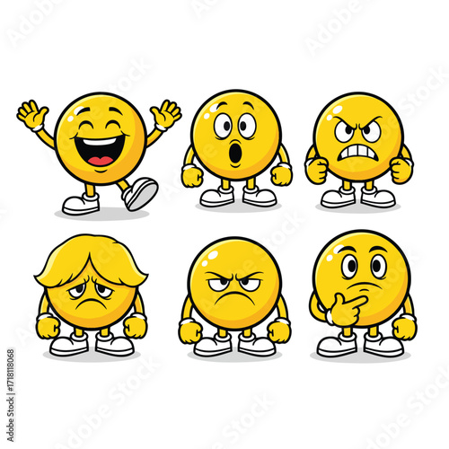 A collection of six expressive yellow cartoon emoji characters showing various emotions.