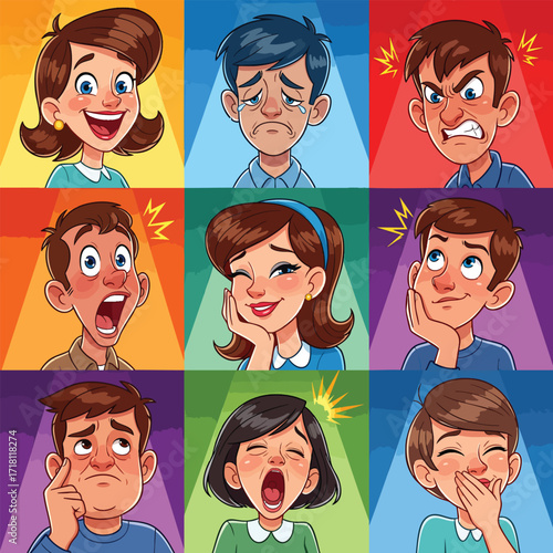 A colorful cartoon collection of nine diverse character portraits showing various facial expressions and human emotions.