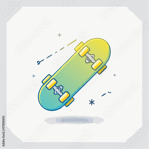 A stylized illustration of a skateboard in mid-air, featuring a vibrant gradient color scheme and a dynamic, slightly angled perspective.