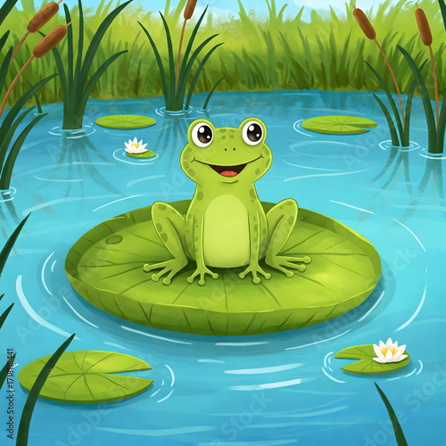Smiling Green Frog on a Lily Pad on the pond