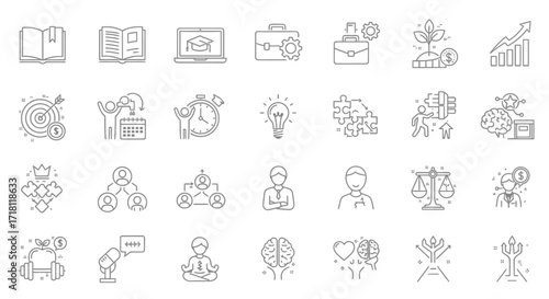 Unlock business potential with this dynamic line icon set representing growth, strategy, and innovation perfect for presentations and marketing campaigns