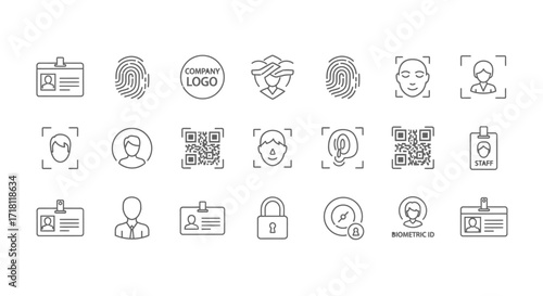 Streamlined security icons for modern authentication, featuring biometric IDs, QR codes, and facial recognition, ideal for tech startups and innovative firms