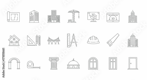 Architectural icons for your business or project needs featuring buildings, blueprints, bridges, and construction equipment in a modern design style