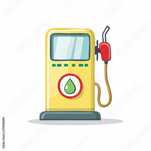 Cartoon illustration of a yellow gas pump with a red nozzle and a green fuel drop icon on a white background.