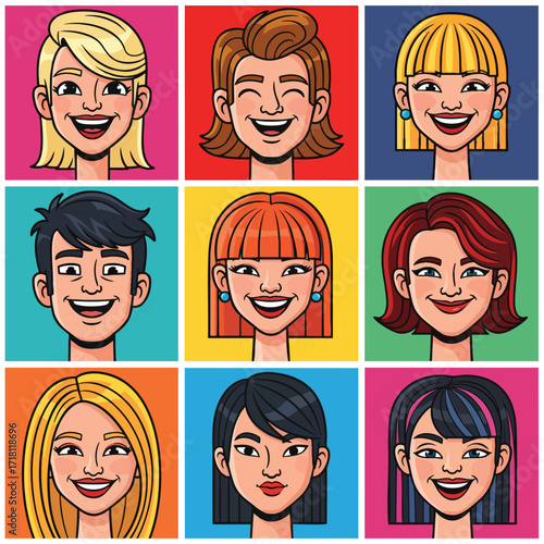 A colorful grid of nine diverse smiling cartoon character portraits and avatars.