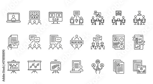Modern outline icons of online meetings, teamwork, presentation and business strategy, perfect for websites and apps to engage your audience