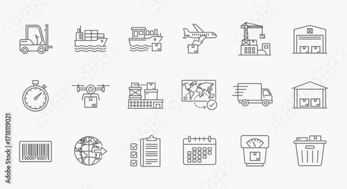 Streamline your supply chain with these modern logistics icons, perfect for presentations, websites, and apps emphasizing delivery and efficiency