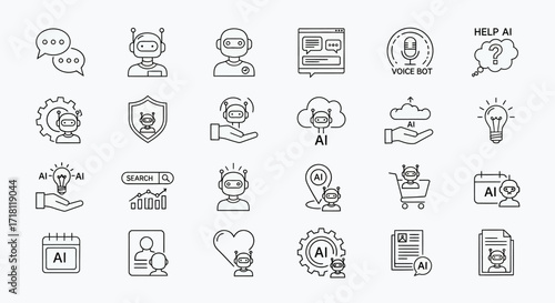 Explore AI chatbot icon set for modern communication, customer service, and technology solutions with clean line art for your next innovation project