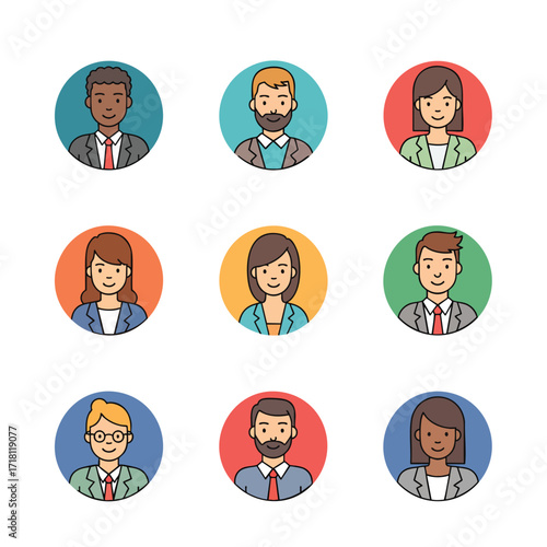 A diverse collection of business people avatar icons in a modern flat line art style.