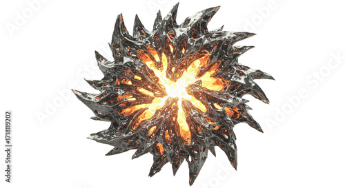 Molten chrome tribal flame, rippling, tearing, glowing core, razor edges, macro photo, dramatic lighting, specular highlights. Concept of surreal power