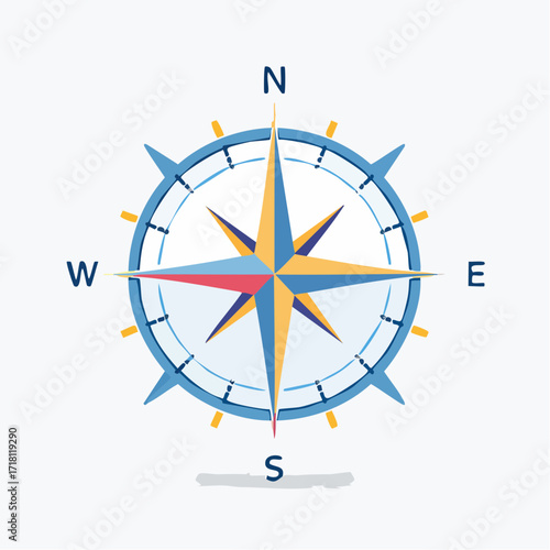 Stylized compass rose with cardinal directions N, E, S, W and a multi-colored needle on a light background.