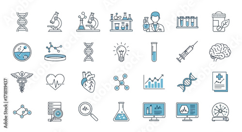 Modern science and medicine icons collection for healthcare professionals and biotech companies needing clean visual representations of research and innovation