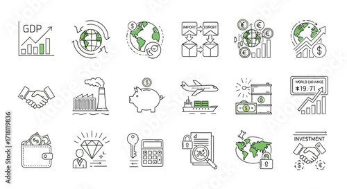 Unlock global business growth with this modern, dynamic icon set perfect for finance, investment, and international trade presentations and marketing