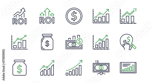 Boost your business with these modern, clean financial icons showcasing ROI growth, investment strategy, and money management for a thriving future
