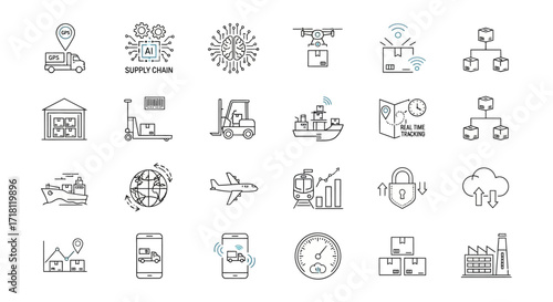 Streamline your logistics with these modern supply chain icons, showing global transport, real-time tracking, and AI automation for innovative businesses