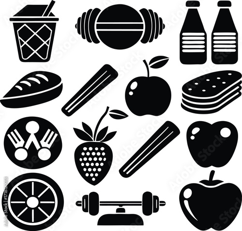 Healthy lifestyle icons a collection of fitness food and drink symbols for wellness and nutrition design elements