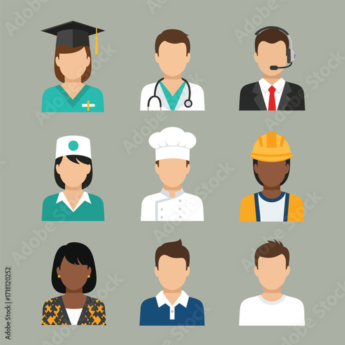 A diverse collection of flat design avatars representing various professions and people including a doctor chef and graduate.