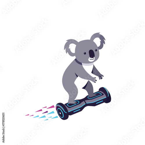 Cute Koala Riding a Hoverboard with Colorful Motion Trails.