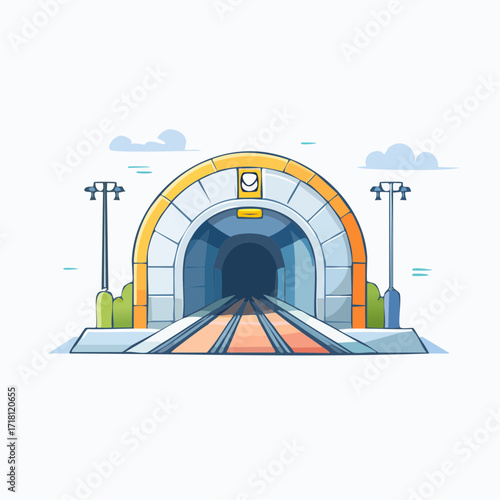 Cartoon illustration of a train tunnel entrance with railway tracks and power lines under a clear sky.