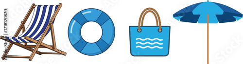 Beach Vacation Essentials Flat Vector Set – Chair, Swim Ring, Bag and Umbrella Collection