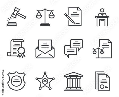 Law and justice court authority line outline isolated icon set. Vector flat graphic design illustration