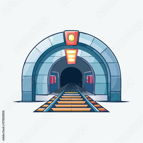 Cartoon illustration of a subway tunnel entrance with tracks, lights, and doors.