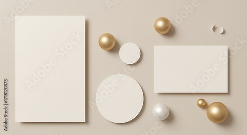 Minimalist flat lay of blank stationery and festive ornaments for a clean modern design concept