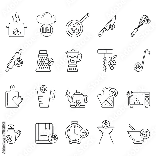Creative Kitchen Tools and Cooking Essentials Outline Icon Collection with Unique Combinations
