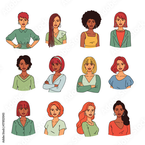A diverse collection of handdrawn portraits of women with different hairstyles and ethnicities.