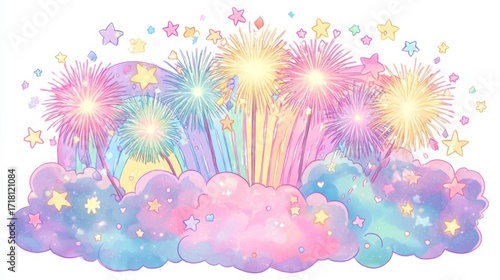 Vibrant fireworks burst in a dreamy sky, surrounded by pastel clouds and shining stars,