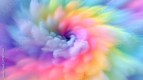A dynamic abstract composition with soft diffused colors of pink, purple, blue, green, and yellow,