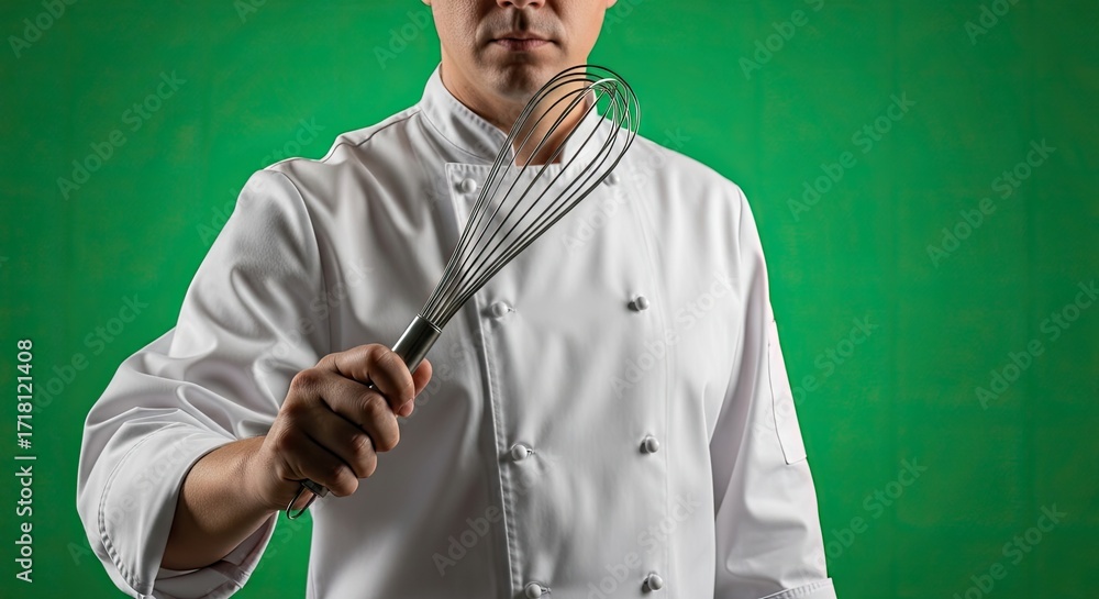 Naklejka premium Chef Holding Whisk Against Vibrant Green Background, Close-Up