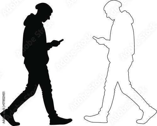 Silhouette of a person walking while looking at a phone black.