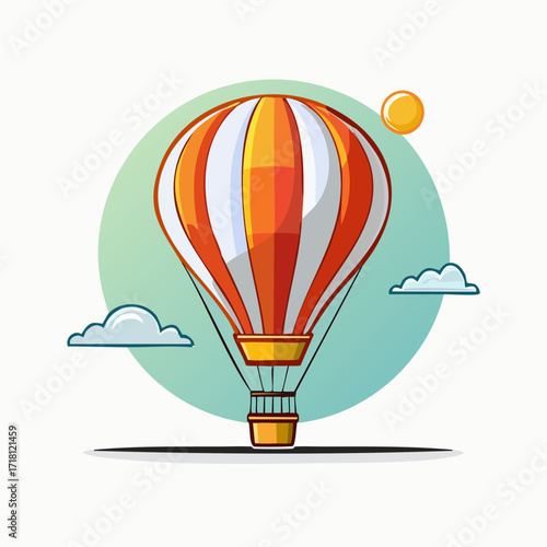 A vibrant illustration of a hot air balloon with orange and white stripes, floating in a light blue sky with fluffy clouds and a yellow sun.