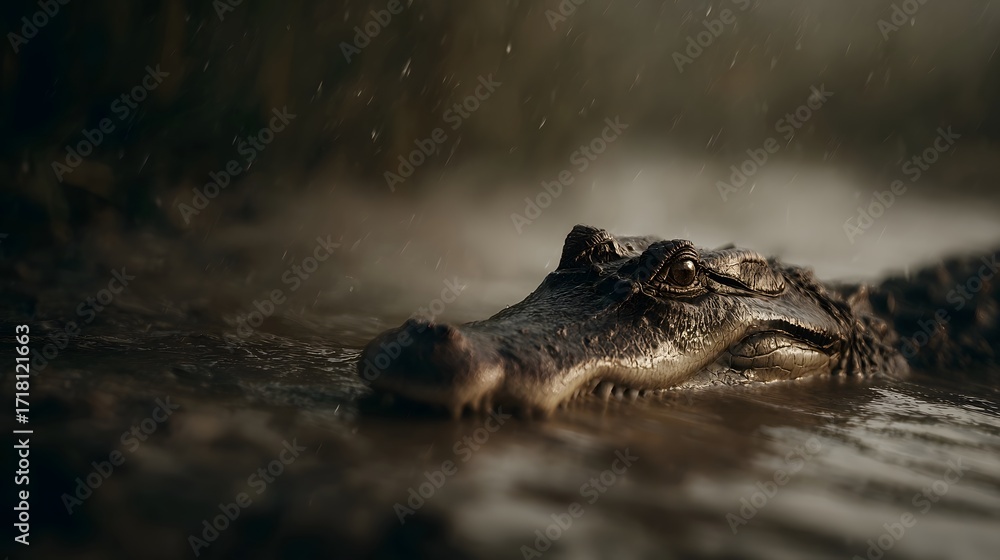 Obraz premium An alligator s head emerges from murky water with a misty rain drenched atmosphere creating an intense natural scene