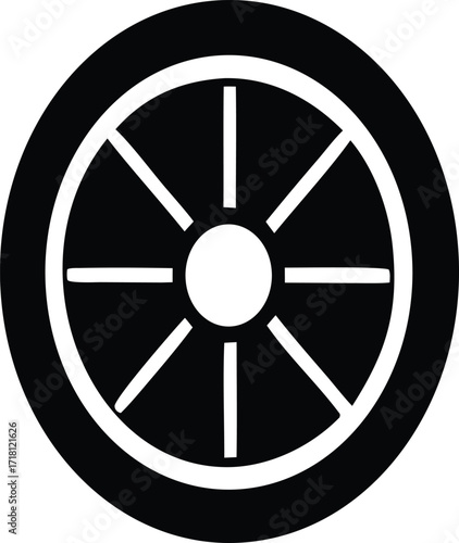 Timeless black and white circular wheel emblem with spokes symbolizing motion and cycles suitable for various design applications