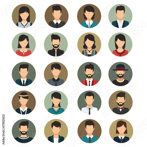 A diverse collection of male and female user profile avatar icons in a modern flat design style.