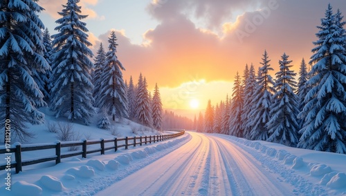 A snowy road curves through a forest of snow-laden pine trees at sunset, with a wooden fence on one side and the sun casting a warm glow.