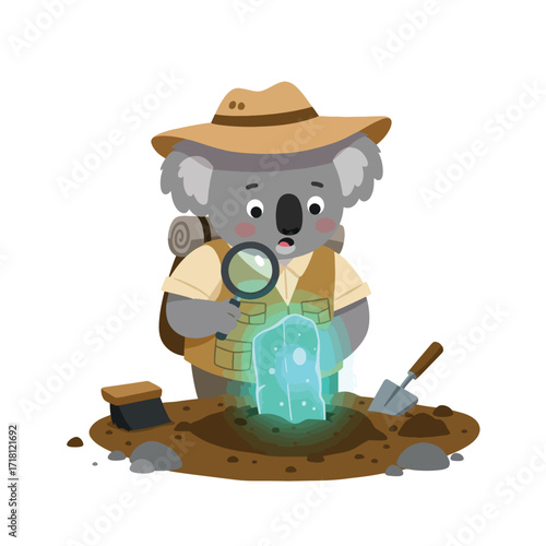 Cute Koala Explorer Discovers Glowing Artifact with Magnifying Glass.