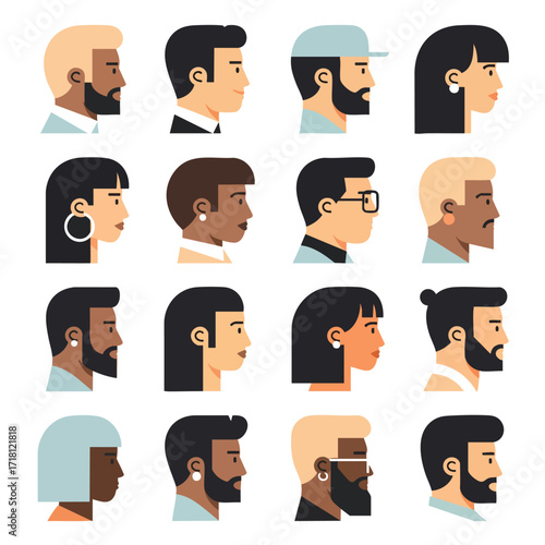 A diverse collection of modern flat design character portraits shown in side profile view.