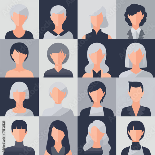 A diverse collection of modern faceless female avatar icons with various hairstyles and clothing.