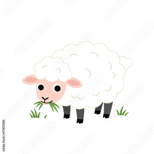 Cute cartoon sheep eating grass in a field.