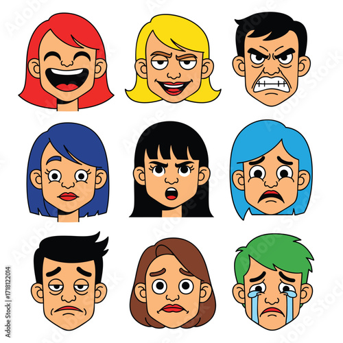 A diverse collection of nine colorful cartoon character faces showing various human emotions and expressions.