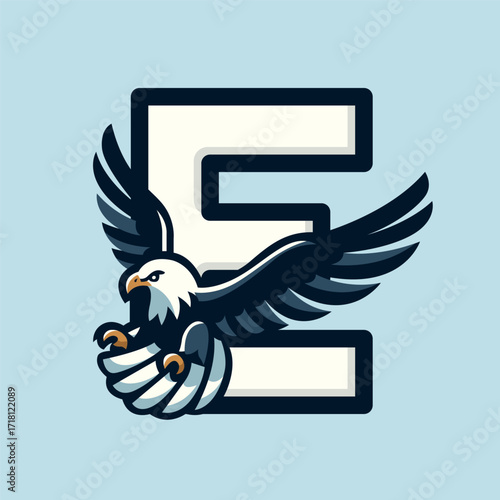 E for Eagle. Dynamic vector illustration of an eagle taking flight and the letter E