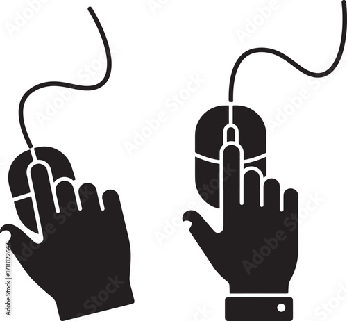 Two silhouette hands clicking computer mouse icons silhouette