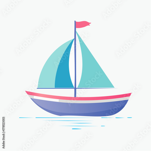 A colorful cartoon illustration of a sailboat with a blue hull and light blue sails, floating on calm water with a red flag.