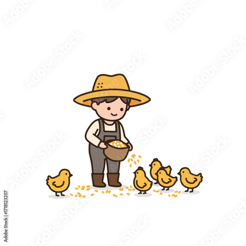 Cute farmer feeding baby chicks on a farm.
