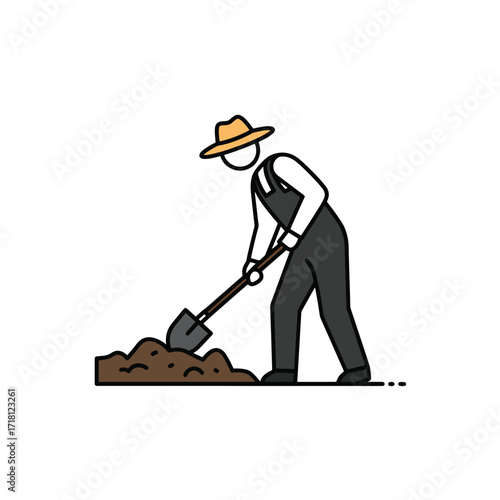 Farmer digging in the soil with a shovel wearing overalls and a hat.